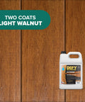 Heavy Duty Wood Stain And Sealer In One For Decks, 5 Gallon Semi Transparent Waterproof Coating In Light Walnut on stained wood.