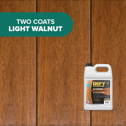 Heavy Duty Wood Stain And Sealer In One For Decks, 5 Gallon Semi Transparent Waterproof Coating In Light Walnut on stained wood.