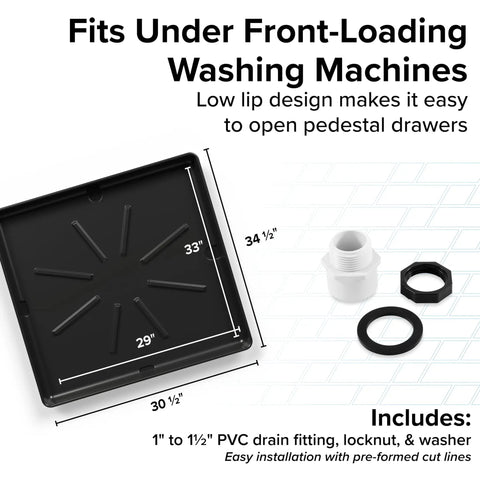 Low Profile Washing Machine Drain Pan With PVC Fitting For Front Loaders, 29 Inch By 33 Inch ID And 30.5 Inch By 34.5 Inch OD, Graphite
