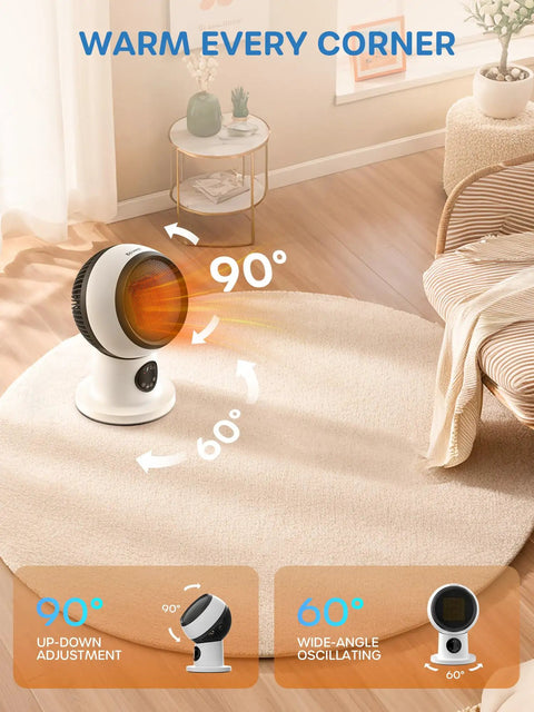 15 Inch Compact Modern Heater And Fan 2 In 1 Remote 1500W PTC Ceramic Space Heater for indoor use, 60° oscillation on carpet