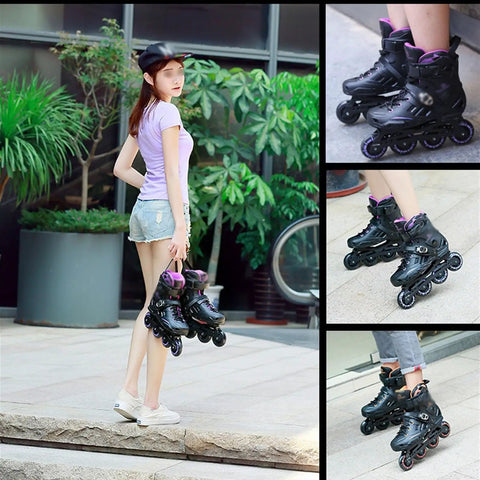 All Around Inline Skates For Girls Boys And Adults Adjustable Roller Blades with purple accents and triple fixation closure outdoors