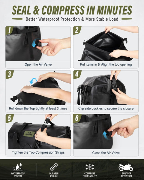 Step-by-step use of Waterproof Motorcycle Dry Bag 60L With Roll Top Closure Tail Saddle Luggage Four Quick Release Straps Black
