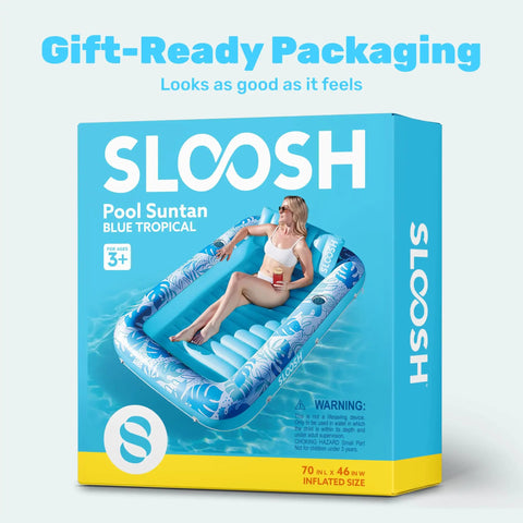 Inflatable Tanning Pool Lounger Float 70 Inch By 46 Inch With Pillow Perfect For Adults in packaging.