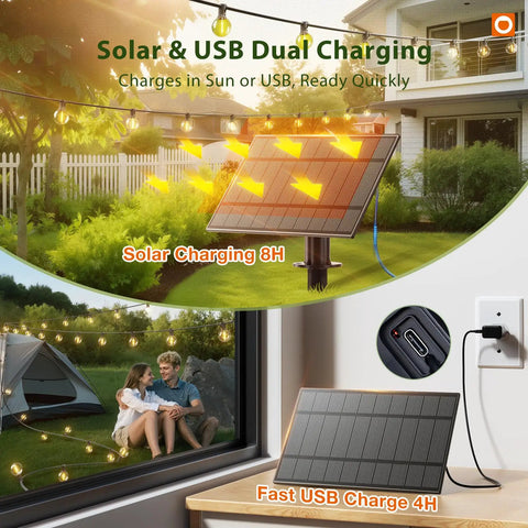 Outdoor Solar String Lights With Remote No Outlet Needed, USB Charging, solar panel by house and camping scene, 106 Ft Total Length