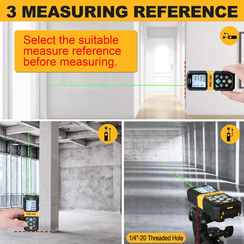Your Go-To Rechargeable Green Laser Distance Meter With 265Ft Range, Pythagorean Mode, Area And Volume Calculations, Digital Readouts In Ft, Ft+In, In, Or M, Class II Laser, Dead-On Accuracy, The Handy Tool For DIY Home Projects. with reference lines in room and tripod mount