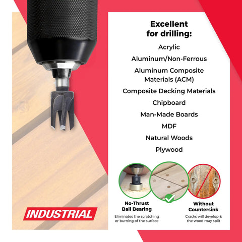 Top Shelf Two Piece Countersink And Plug Cutter Kit For Smooth Screw Hole Finishing In Wood Plastic And Aluminum on a wooden surface.