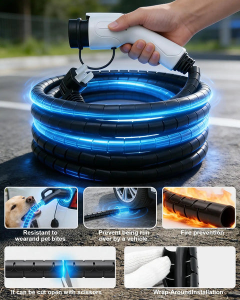 Tough As Nails EV Charger Cable Protector featuring flexible wire sleeve coiled, designed for 7/8 inch cables to prevent damage.