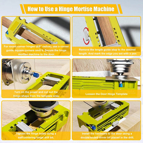 2 In 1 Door Hinge And Lock Installation Kit With Adjustable Hinge Jig showing step-by-step usage instructions and tools