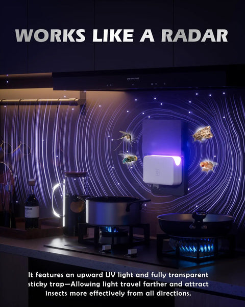 No Nonsense Plug In Fruit Fly Trap For Indoor Spaces Featuring Dual Wavelength Bulbs Paired With Eleven Sticky Refill Pads, in kitchen with UV light.