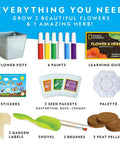 Kids Flower And Herb Gardening Kit with three stainless steel pots, seeds, paints, brushes, stickers, and guide for a fun, easy garden.