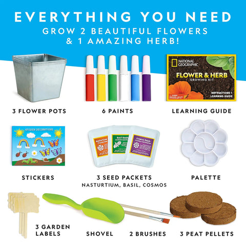 Kids Flower And Herb Gardening Kit with three stainless steel pots, seeds, paints, brushes, stickers, and guide for a fun, easy garden.