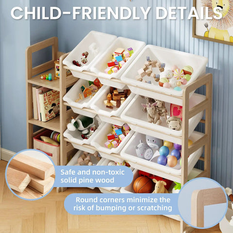 Kiddo Friendly Toy Storage Organizer With Bookshelf, Three Shelves And Twelve Bins, White Pine Wood Toy Cabinet in room