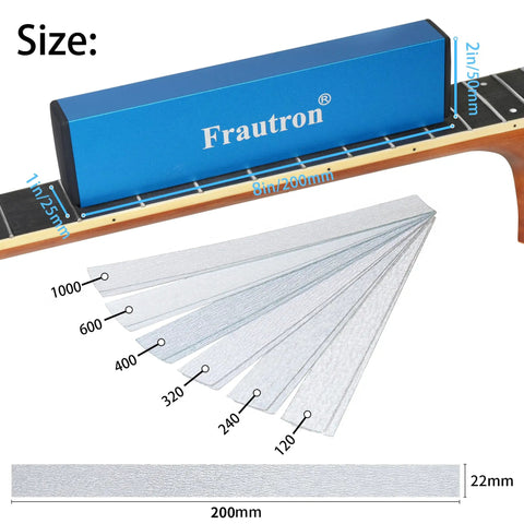 Guitar Setup And Repair Toolkit For DIY Enthusiasts With Fret Leveling Beam in blue on a guitar neck showing dimensions