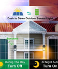 Illustration showing Two Pack Solar Wall Lantern Lights With Motion Sensor Dusk To Dawn on home during day and night.