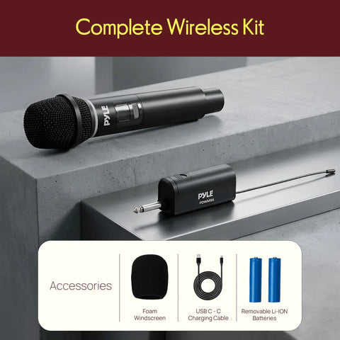 Wireless USB Microphone System With 16-Channel UHF Dial displayed with accessories including rechargeable batteries and USB-C cable.