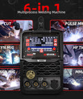 Six In One Plasma Cutter And Welder Combo With Dual Voltage 110V/220V, Pulse MIG And HF TIG, Stick, Flux Core And Cut, 2T/4T Modes, Aluminum Ready, 160A MIG/TIG/Stick And 40A Cut For Home Shop Pros image showing control panel and modes.