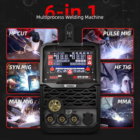 Six In One Plasma Cutter And Welder Combo With Dual Voltage 110V/220V, Pulse MIG And HF TIG, Stick, Flux Core And Cut, 2T/4T Modes, Aluminum Ready, 160A MIG/TIG/Stick And 40A Cut For Home Shop Pros image showing control panel and modes.