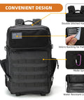 Military Tactical Backpack 45L Bug Out Bag For Travel Hiking And Camping Tough Go To Pack With Roomy Main Compartment Fits 16 Inch Laptop For Men And Women Black, showcasing its convenient design with double-stitched handle, Velcro backing, MOLLE system, and water-resistant lining.