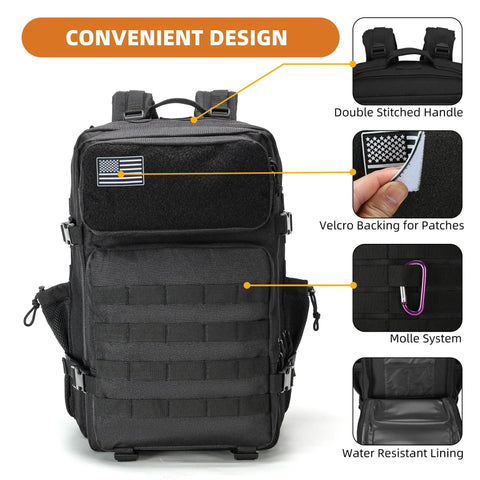 Military Tactical Backpack 45L Bug Out Bag For Travel Hiking And Camping Tough Go To Pack With Roomy Main Compartment Fits 16 Inch Laptop For Men And Women Black, showcasing its convenient design with double-stitched handle, Velcro backing, MOLLE system, and water-resistant lining.
