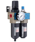 Half Inch NPT Air Filter Regulator Lubricator FRL With 5 Micron Brass Element, 0-150 PSI Gauge, manual drain, metal bracket