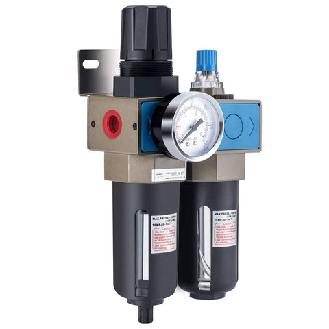 Half Inch NPT Air Filter Regulator Lubricator FRL With 5 Micron Brass Element, 0-150 PSI Gauge, manual drain, metal bracket