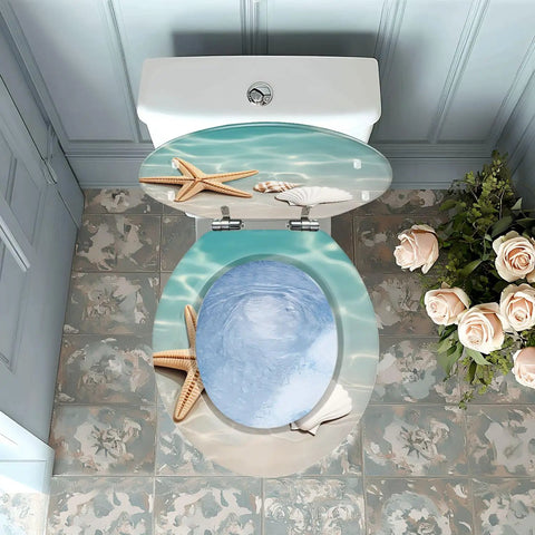 Round Resin Toilet Seat for Bathroom with ocean-themed design, featuring starfish and seashells, top view.