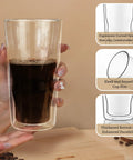 Heavy Hitting Double Wall Glass Coffee Tumblers Set Of Two features wave borosilicate build, ergonomic grip, and thickened bottom.