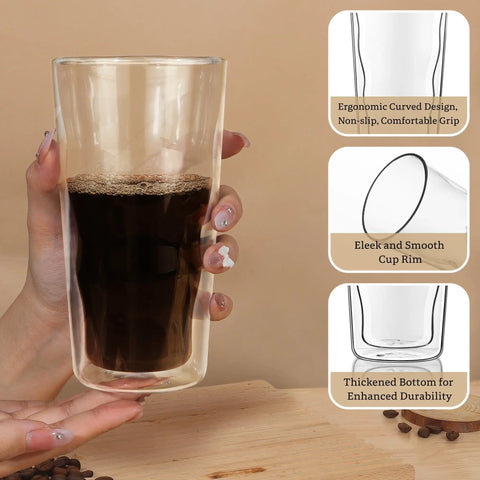 Heavy Hitting Double Wall Glass Coffee Tumblers Set Of Two features wave borosilicate build, ergonomic grip, and thickened bottom.