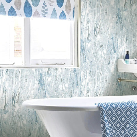 Bathroom with Marble Seas Metallic Blue Peel And Stick Wallpaper Roll Removable And Repositionable No Mess Twenty Inches Wide By Sixteen Point Five Feet Long Renters Friendly Home Decor Upgrade Easy To Apply And Reapply.