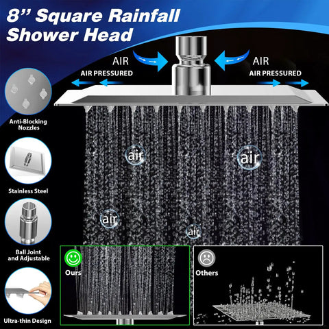 High Pressure Rainfall Shower Head Set With Adjustable Extension Arm And Handheld, 8 Inch Square Rain Head with air pressurized water flow