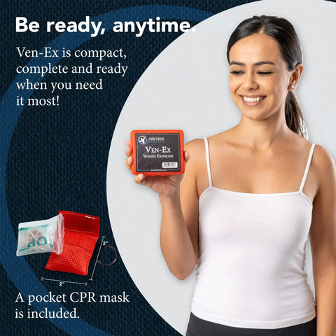Woman holding Ven Ex Snake Bite Kit And Bee Sting Kit with Portable Venom Extractor and CPR face shield