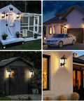 Collage of dope outdoor solar porch lights with 3 modes and motion sensing for barn, shed, yard, garage, and chicken coop.