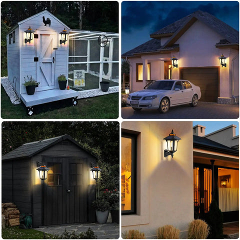 Collage of dope outdoor solar porch lights with 3 modes and motion sensing for barn, shed, yard, garage, and chicken coop.