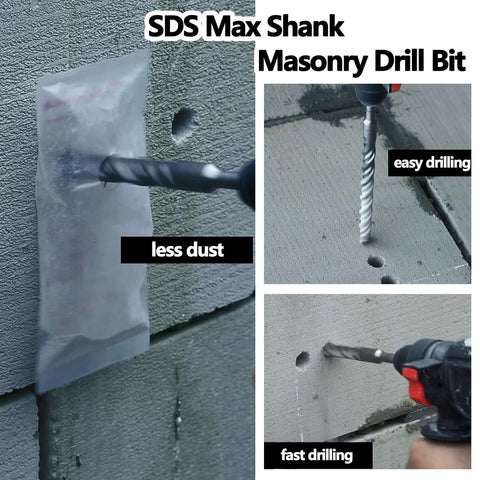 Amazon SDS Max masonry drill bit with carbide tip, 38x260 mm, shown drilling concrete.