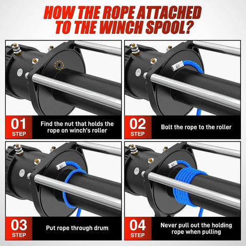 Instructions for attaching Quarter Inch Fifty Foot Synthetic Heavy Duty Winch Rope for ATV UTV 4x4 Off Road Vehicles 9000 Lb Capacity
