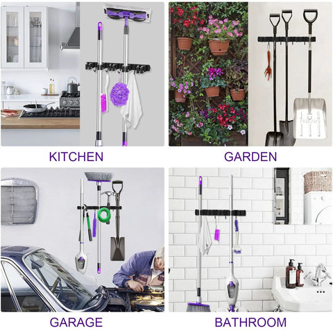 Space Saving Wall Mount Broom And Mop Holder With Five Slots And Four Hooks Self Adhesive Matte Black Garage Rack And Tool Organizer For Closet Door Cabinet Laundry Room