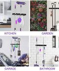 Mop and Broom Organizer Wall Mount with Five Racks and Four Hooks installed in kitchen, garden, garage, and bathroom settings
