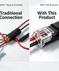 Comparison of traditional wire connection versus Heat Resistant Push In Wire Connectors With Levers No Fuss Quick Clamp Terminals.