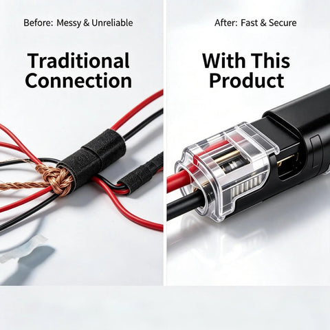 Comparison of traditional wire connection versus Heat Resistant Push In Wire Connectors With Levers No Fuss Quick Clamp Terminals.