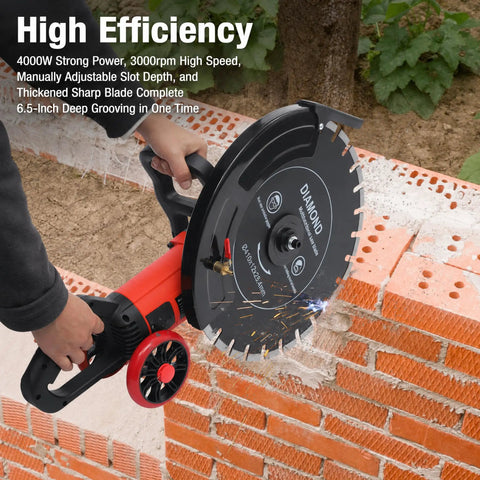 4000 Watt Electric Concrete Saw With 16 Inch Diamond Blade For Wet Or Dry Cutting Zero Downtime Heavy Duty Masonry Cutter in use on brick.