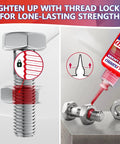 Thread lock adhesive (blue and red) applied to a metal bolt and nut; fastener threadlocker for metals