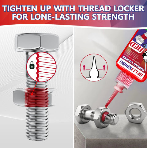 Thread lock adhesive (blue and red) applied to a metal bolt and nut; fastener threadlocker for metals
