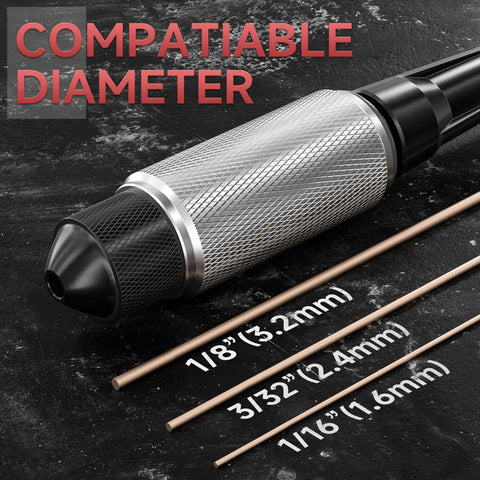 Top Shelf TIG Tungsten Electrode Sharpener Holder With No Sweat Safety Vise For Legit Manual Sharpening Sweet Hot Rod Polishing And Quick Welding Prep Work compatible diameter tool with tungsten electrodes in three sizes.
