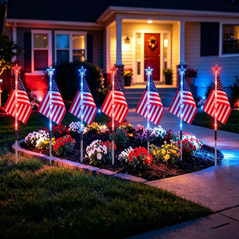 Outdoor Patriotic LED Flag Lights Kit, 9-Pack Solar American Flag Lights illuminating garden pathway with red, white, blue LEDs