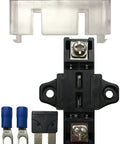 Heavy Duty Stackable Fuse Holder Panel And Distribution Block Compatible With Ato Atc And Min Atm Blade Fuses Featuring Hella Solid Plug And Play Wiring For Your Ride Or Rig In Black showing fuse holder and connections.