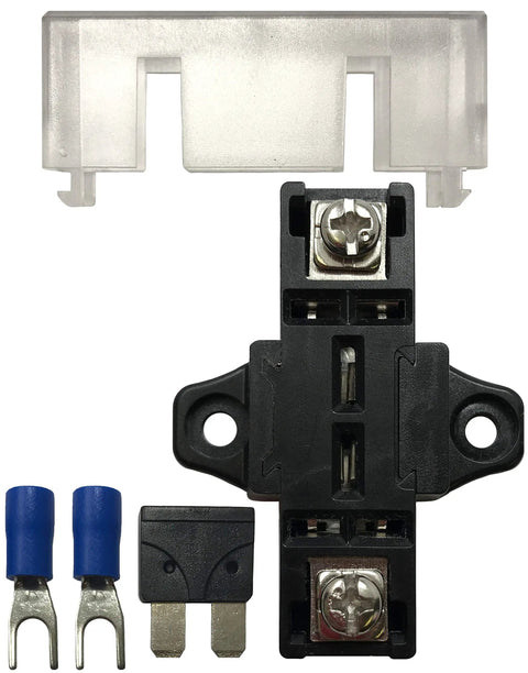 Heavy Duty Stackable Fuse Holder Panel And Distribution Block Compatible With Ato Atc And Min Atm Blade Fuses Featuring Hella Solid Plug And Play Wiring For Your Ride Or Rig In Black showing fuse holder and connections.