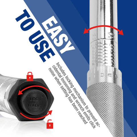 Heavy Hitter Adjustable Torque Wrench Set featuring three square drive heads, showing locking mechanism and torque settings.