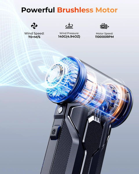 Powerful High Speed 110000 RPM Electric Air Duster With Brushless Motor showing airflow and motor details.