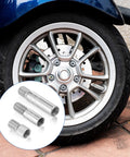 Valve stem extension kit, front view, 12-piece with stainless steel and ABS extenders (silver/black) for vehicles