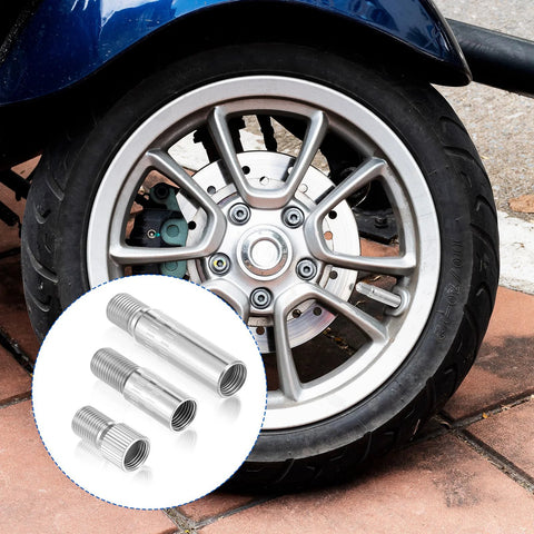 Valve stem extension kit, front view, 12-piece with stainless steel and ABS extenders (silver/black) for vehicles